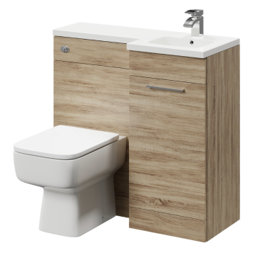 Napoli Combination Bordalino Oak 900mm Vanity Unit Toilet Suite with Right Hand L Shaped 1 Tap Hole Basin and Single Door with Polished Chrome Handle